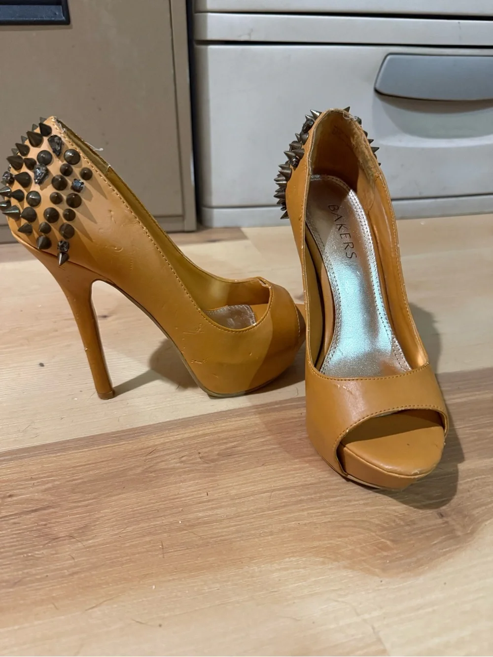 Bakers Mustard Peep-Toe Stiletto Pumps with Spike Heel